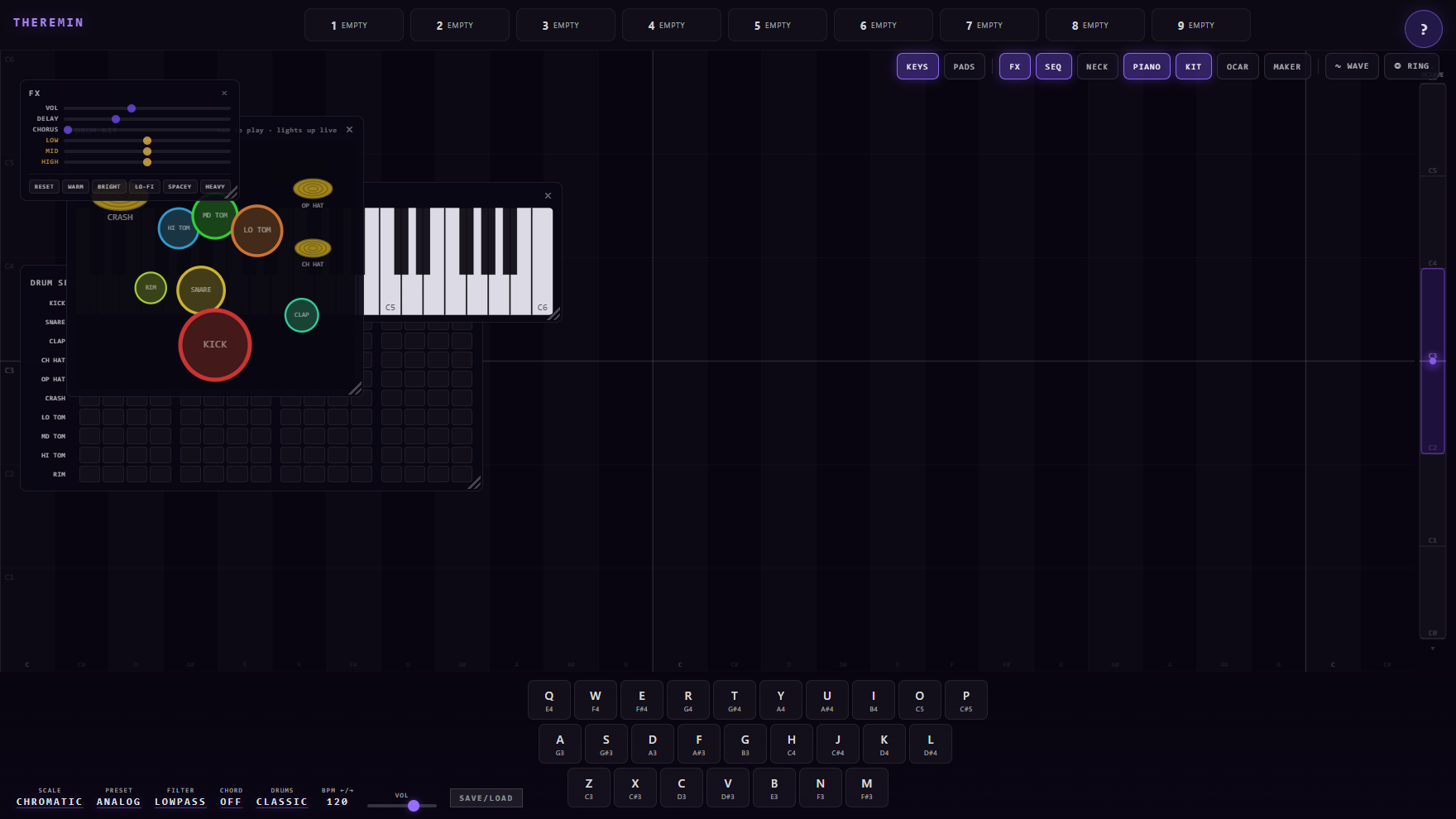 WebSynth with its drum kit, piano, step sequencer and FX rack open at once over the theremin pad — the generation side of the toolkit.