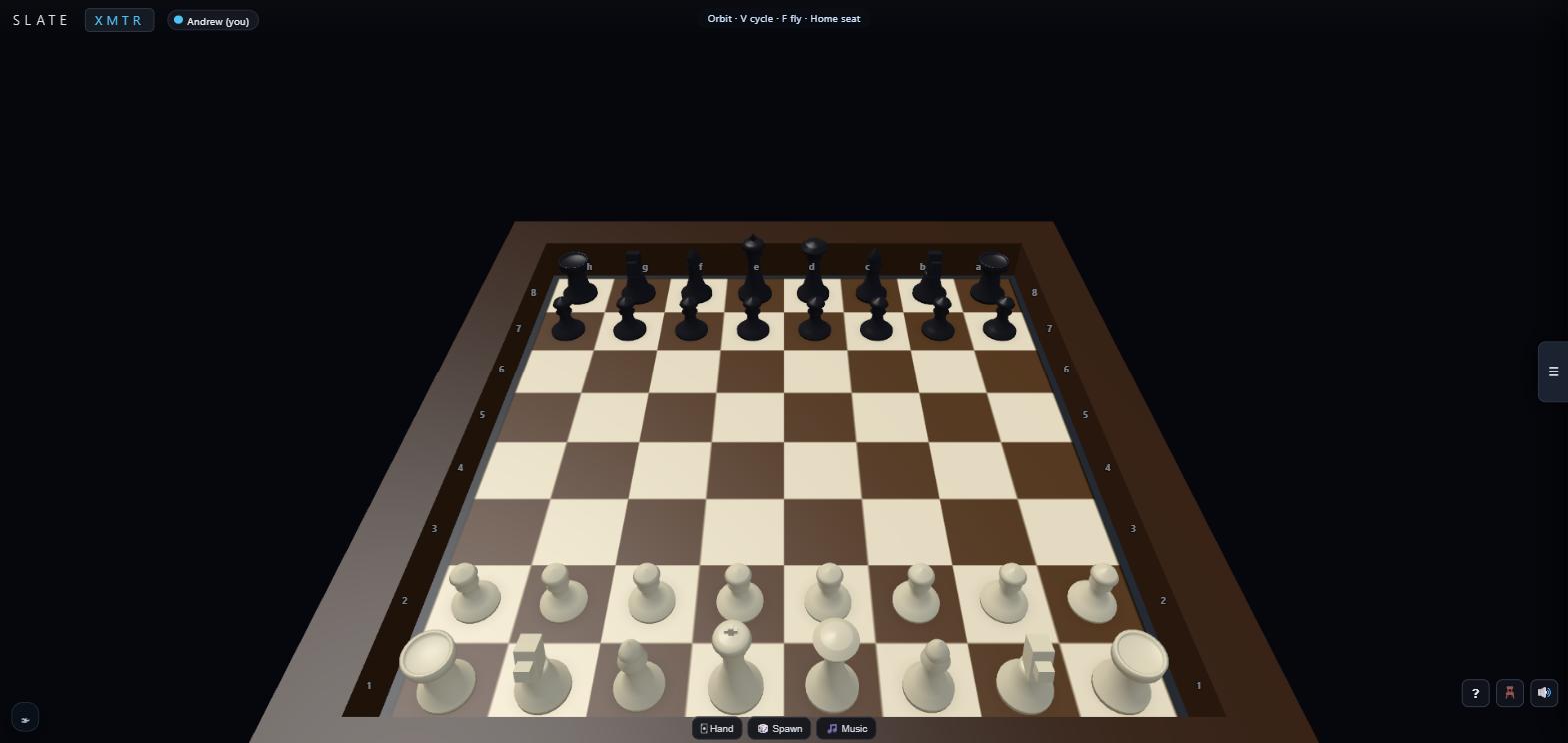 Chess dressed onto the shared table — the pieces are physical objects in the same simulation as the dice, not board squares.